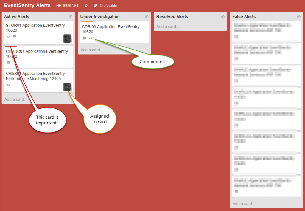 EventSentry alerts shown on a trello board