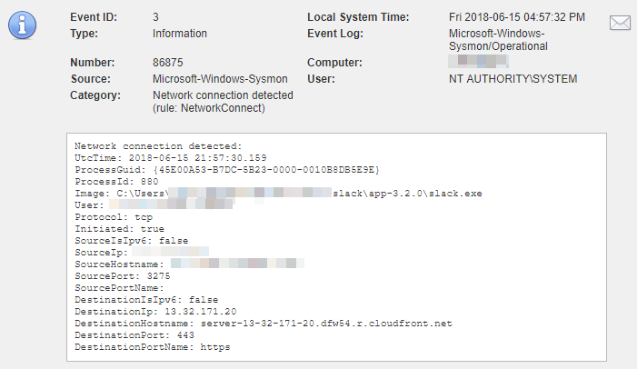 Sysmon logs network activity by slack.exe